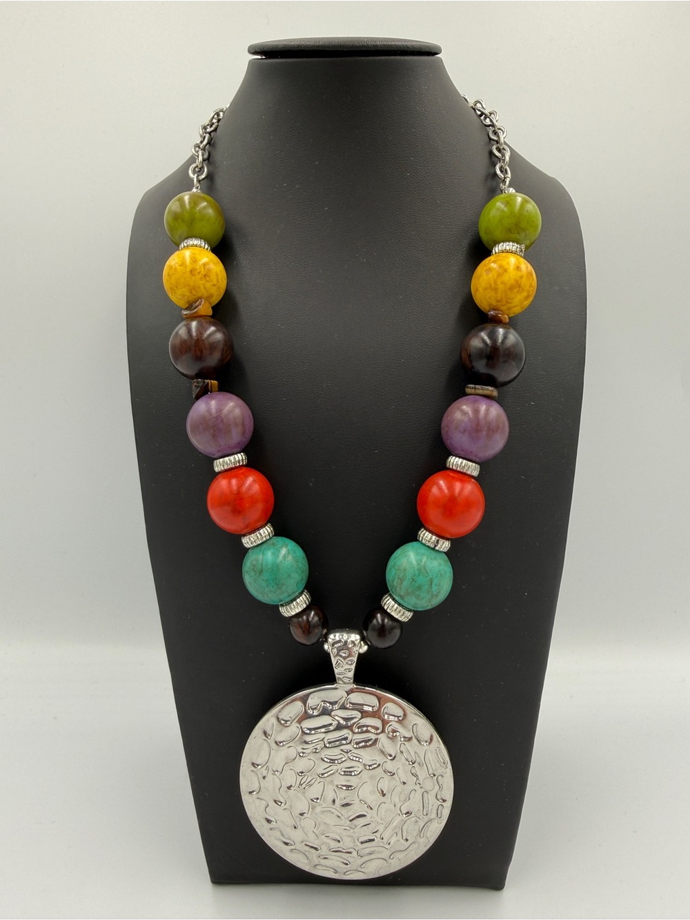 Colorful Beaded Necklace with Silver Hammered Pendant